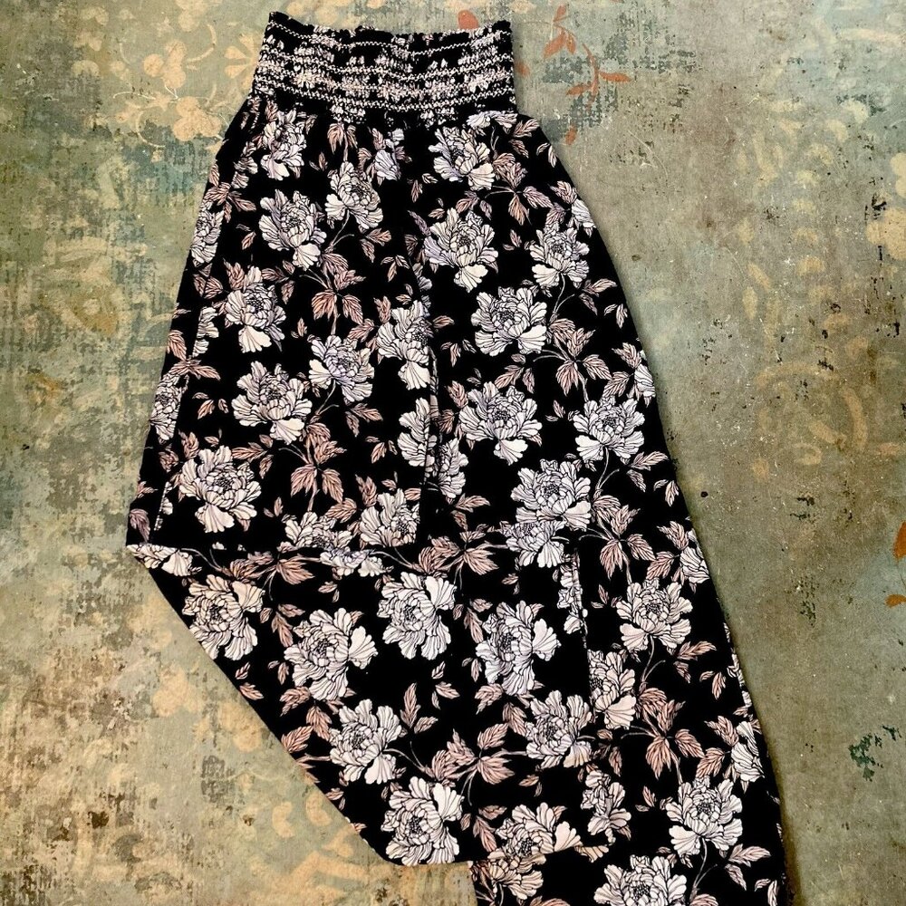 Da Hui Hawaii Beach Wide Leg Linen Blend Smocked Waist Pants Tropical P…